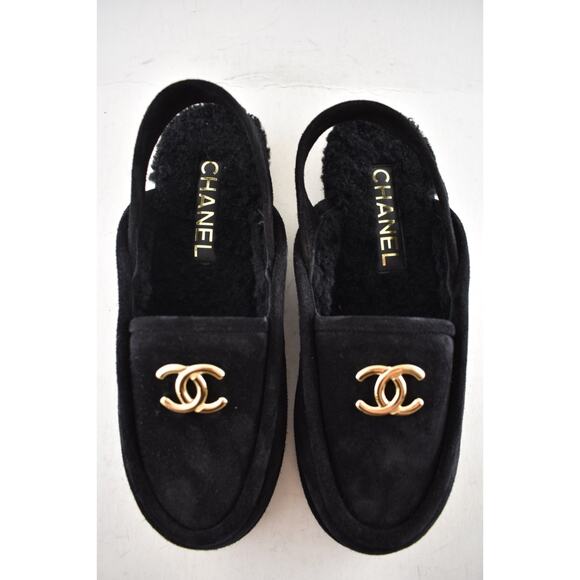 Chanel 25A Black Suede Shearling CC Moccasin Ballet Slingback Loafer Flat 36.5 - Picture 11 of 15